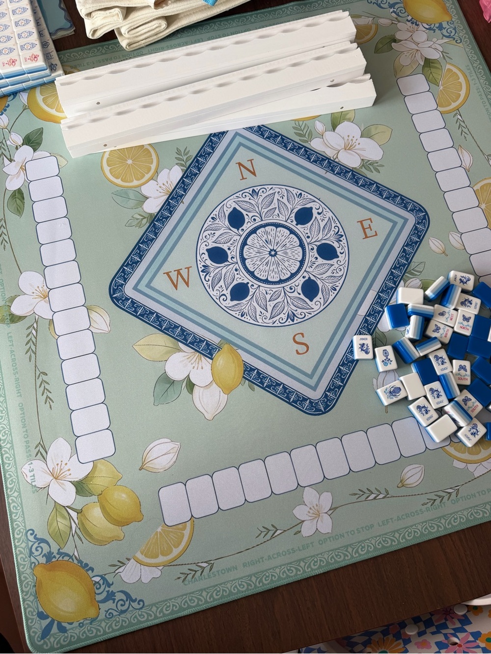 Mahjong Set - Blue and White with green/lemon Tiles, Mat, Wooden Racks - Picture 9 of 16